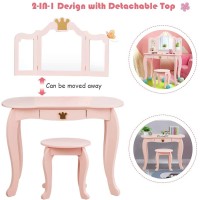 Kotek Kids Vanity Set W/Tri-Folding Mirror, Princess Makeup Dressing Table W/Detachable Top & Drawer, 2-In-1 Vanity Table And Chair Set, Crown Pretend Beauty Play Vanity For Girls (Pink)