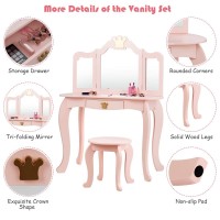 Kotek Kids Vanity Set W/Tri-Folding Mirror, Princess Makeup Dressing Table W/Detachable Top & Drawer, 2-In-1 Vanity Table And Chair Set, Crown Pretend Beauty Play Vanity For Girls (Pink)