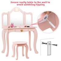 Kotek Kids Vanity Set W/Tri-Folding Mirror, Princess Makeup Dressing Table W/Detachable Top & Drawer, 2-In-1 Vanity Table And Chair Set, Crown Pretend Beauty Play Vanity For Girls (Pink)