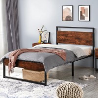 Yaheetech Twin Bed Frames Metal Bed With Rustic Wooden Headboard&Footboard, No Noise/No Box Spring Needed/12'' Underbed Storage, Mahogany Twin Bed