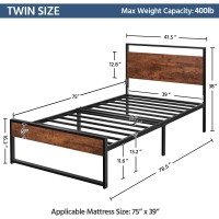 Yaheetech Twin Bed Frames Metal Bed With Rustic Wooden Headboard&Footboard, No Noise/No Box Spring Needed/12'' Underbed Storage, Mahogany Twin Bed