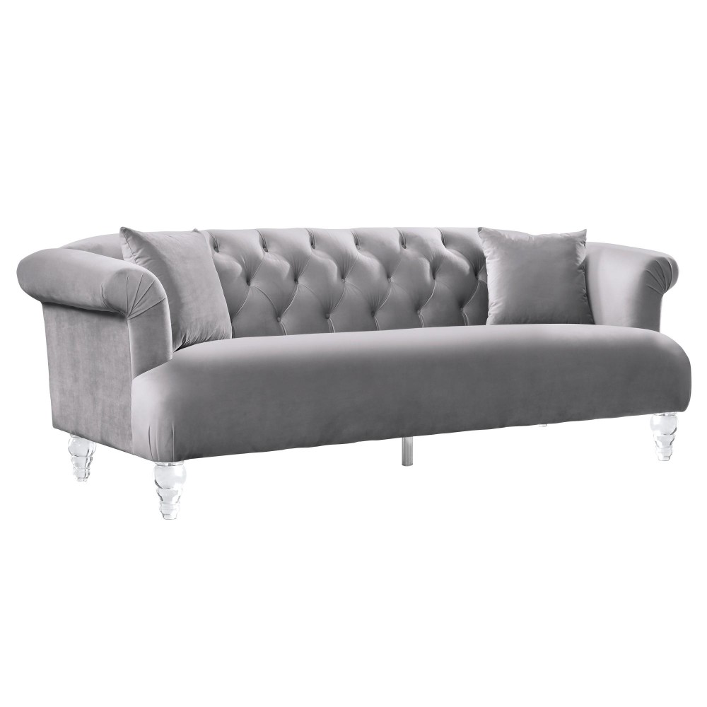 Button Tufted Fabric Sofa with Acrylic Turned Feet, Gray
