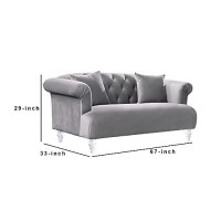 Benjara Button Tufted Fabric Loveseat With Acrylic Turned Feet, Regular, Gray