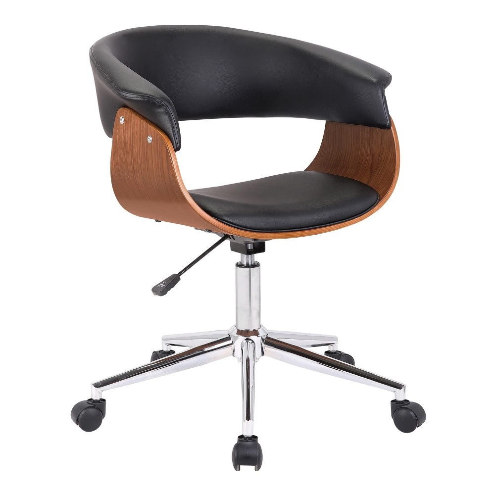 Benjara Curved Faux Leather Office Chair With Wooden Support And Star Base, Black