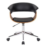 Benjara Curved Faux Leather Office Chair With Wooden Support And Star Base, Black