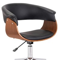 Benjara Curved Faux Leather Office Chair With Wooden Support And Star Base, Black