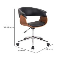 Benjara Curved Faux Leather Office Chair With Wooden Support And Star Base, Black