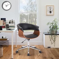 Benjara Curved Faux Leather Office Chair With Wooden Support And Star Base, Black