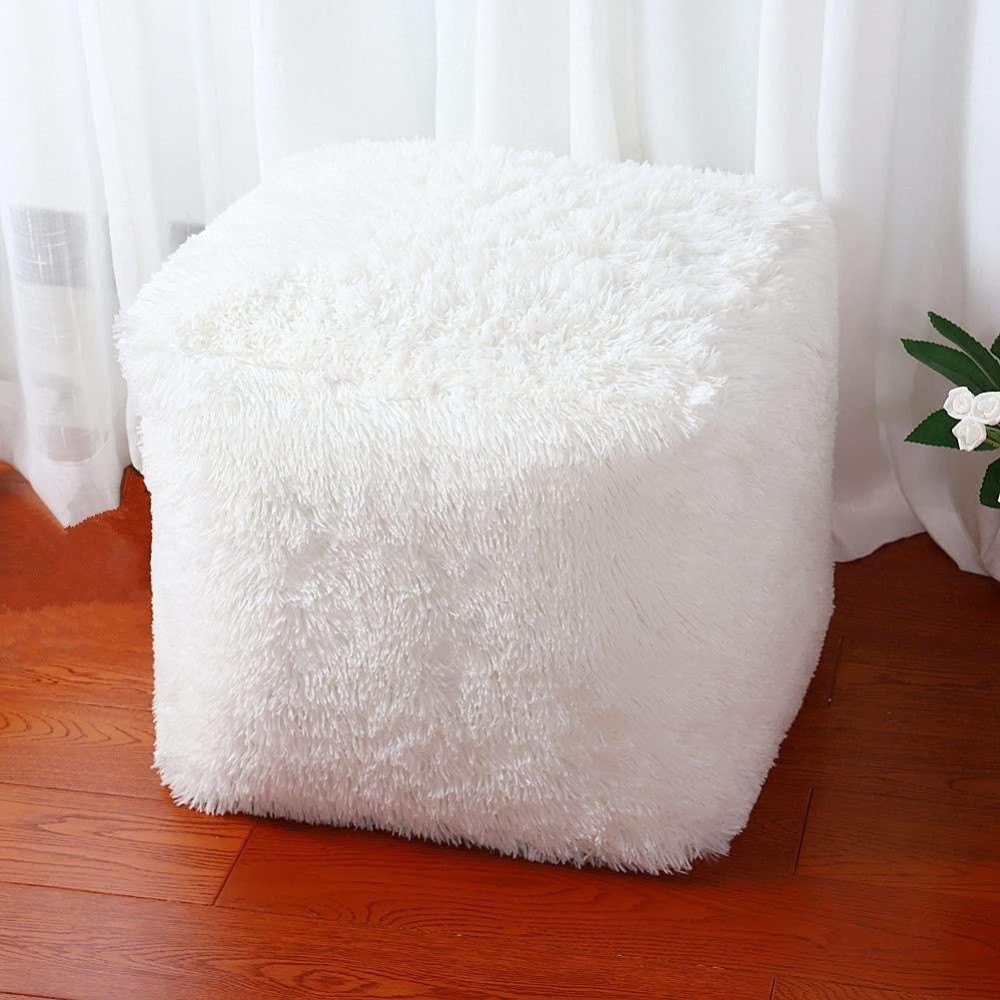 Asuprui Square Pouf Ottoman Unstuffed White 18X18X15 Inches Fuzzy Storage Bean Bag Unstuffed Pouf Ottoman Foot Rest(No Filler) Ottoman Pouf For Living Room Bedroom Cover Only