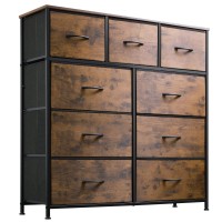 Wlive 9-Drawer Dresser, Fabric Storage Tower For Bedroom, Hallway, Closet, Tall Chest Organizer Unit With Fabric Bins, Steel Frame, Wood Top, Easy Pull Handle, Rustic Brown Wood Grain Print