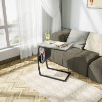 Sriwatana Side End Tables Living Room, Vintage C-Shaped Laptop Table For Couch, Snack Table With Side Pocket, Light Grey