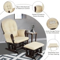 Costzon Glider And Ottoman Set, Wood Glider Rocker For Nursery, Upholstered Comfort Nursing Rocking Chair With Storage Pocket, Padded Armrests & Detachable Cushion, Easy To Assemble (Beige)