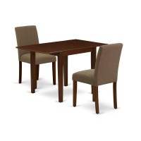 1NDAB3MAH18 Modern Dining Table Set 3 Pc Two Parson Chairs and a Dining Room Table Mahogany Finish Wood Coffee Color Lin