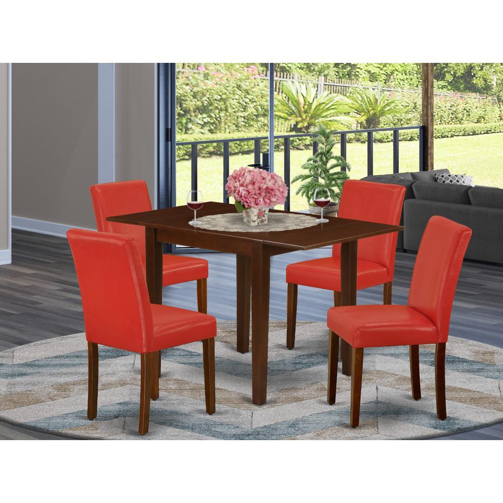 1NDAB5MAH72 Dinette Set 5 Pc Four Kitchen Chairs and a Modern Dining Table Mahogany Finish Hardwood Firebrick Red Color