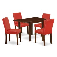 1NDAB5MAH72 Dinette Set 5 Pc Four Kitchen Chairs and a Modern Dining Table Mahogany Finish Hardwood Firebrick Red Color