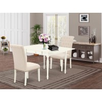 1MZBR3LWH02 3Pc Dining Table Set Contains a Kitchen Table and 2 Parsons Chairs with Light Beige Color Linen Fabric Drop Leaf