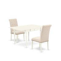 1MZBR3LWH02 3Pc Dining Table Set Contains a Kitchen Table and 2 Parsons Chairs with Light Beige Color Linen Fabric Drop Leaf