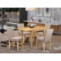 1NDAB5OAK04 Dinette Set 5 Pc Four Dining Room Chairs and a Wooden Table Oak Finish Hardwood Light Fawn Color Linen Fabri