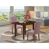 1NDCE3MAH10 Wooden Dining Table Set 3 Pc 2 Dining Chairs and a Dining Table Mahogany Finish Wood Dahlia Color Linen Fabr