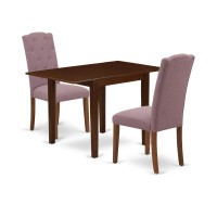 1NDCE3MAH10 Wooden Dining Table Set 3 Pc 2 Dining Chairs and a Dining Table Mahogany Finish Wood Dahlia Color Linen Fabr