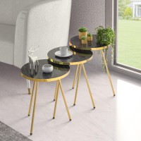 Set Of 3 Nesting End Tables - Round Stacking Coffee Side Tables For Small Spaces, Nightstand Bedside Table For Living Room, Bedroom, Living Room, Balcony, No-Tools Assembly (Black Marble/Gold)