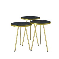 Set Of 3 Nesting End Tables - Round Stacking Coffee Side Tables For Small Spaces, Nightstand Bedside Table For Living Room, Bedroom, Living Room, Balcony, No-Tools Assembly (Black Marble/Gold)