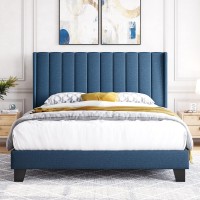 Yaheetech Queen Bed Frame Upholstered Platform Bed With Fabric Headboard, Wing Edge Design/Non-Slip And Noise-Free/Wooden Slats Support/No Box Spring Needed/Easy Assembly, Navy Blue Queen Bed