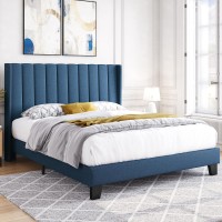 Yaheetech Queen Bed Frame Upholstered Platform Bed With Fabric Headboard, Wing Edge Design/Non-Slip And Noise-Free/Wooden Slats Support/No Box Spring Needed/Easy Assembly, Navy Blue Queen Bed