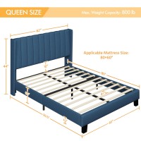 Yaheetech Queen Bed Frame Upholstered Platform Bed With Fabric Headboard, Wing Edge Design/Non-Slip And Noise-Free/Wooden Slats Support/No Box Spring Needed/Easy Assembly, Navy Blue Queen Bed