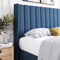 Yaheetech Queen Bed Frame Upholstered Platform Bed With Fabric Headboard, Wing Edge Design/Non-Slip And Noise-Free/Wooden Slats Support/No Box Spring Needed/Easy Assembly, Navy Blue Queen Bed