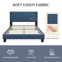 Yaheetech Queen Bed Frame Upholstered Platform Bed With Fabric Headboard, Wing Edge Design/Non-Slip And Noise-Free/Wooden Slats Support/No Box Spring Needed/Easy Assembly, Navy Blue Queen Bed