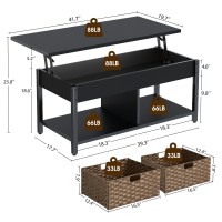 Rolanstar Coffee Table With Lift Top, Hidden Storage Compartment And 2 Rattan Baskets, 41.7