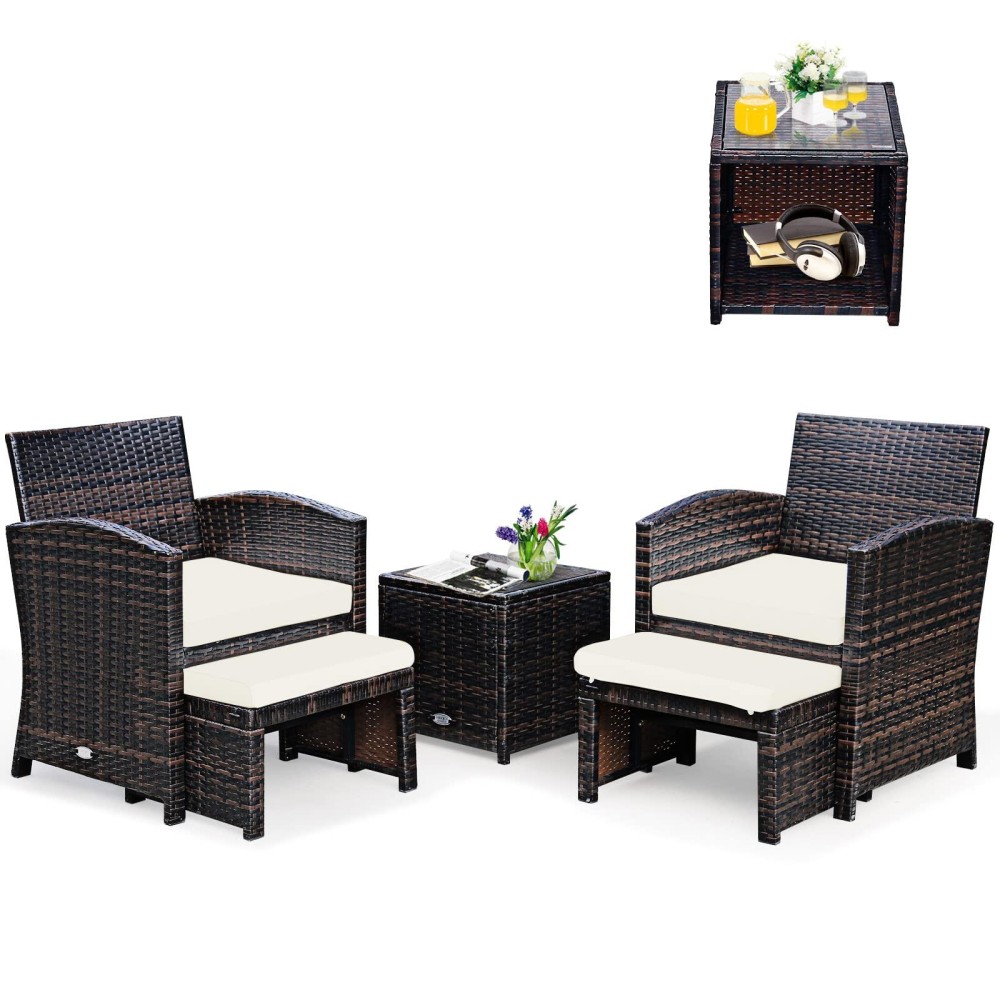 Tangkula 5 Pieces Patio Rattan Furniture Set, Outdoor Conversation Set With Cushioned Chair & Ottoman & Tempered Glass Coffee Table, Patio Sofa Sets For Garden, Backyard, Poolside (White)
