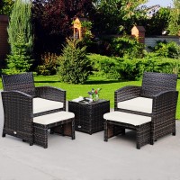 Tangkula 5 Pieces Patio Rattan Furniture Set, Outdoor Conversation Set With Cushioned Chair & Ottoman & Tempered Glass Coffee Table, Patio Sofa Sets For Garden, Backyard, Poolside (White)