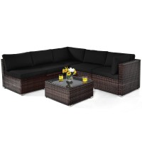 Tangkula 6 Pieces Patio Furniture Set, Outdoor Wicker Conversation Set With Glass Coffee Table, Wicker Sofa Set With Back & Seat Cushions, Rattan Sectional Conversation Couch Set For Backyard Garden
