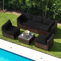 Tangkula 6 Pieces Patio Furniture Set, Outdoor Wicker Conversation Set With Glass Coffee Table, Wicker Sofa Set With Back & Seat Cushions, Rattan Sectional Conversation Couch Set For Backyard Garden