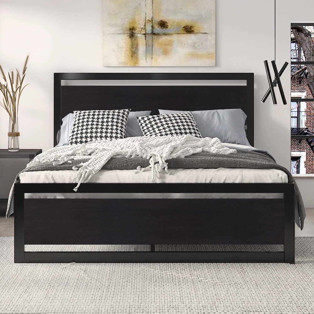 Sha Cerlin Full Size Bed Frame With Modern Wooden Headboardheavy Duty Platform Metal Bed Frame With Square Frame Footboard 13