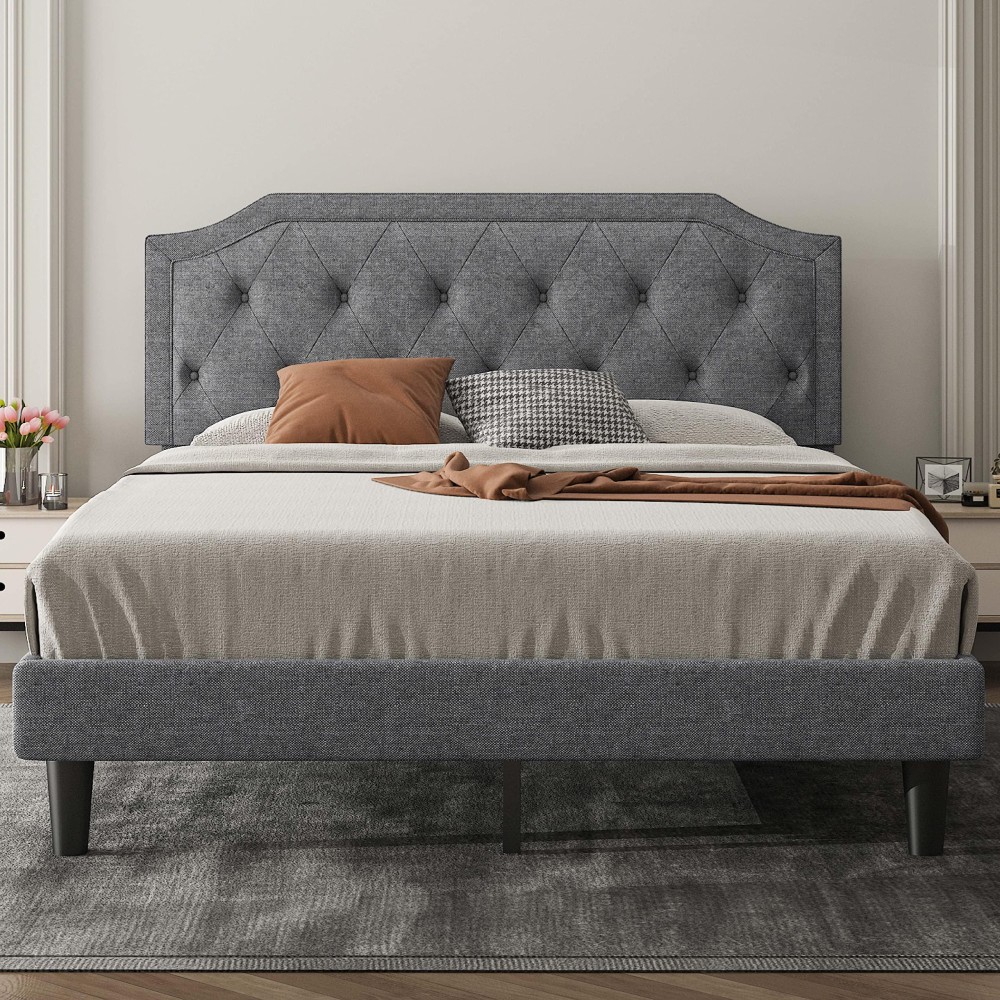 Allewie Upholstered Full Size Platform Bed Frame With Adjustable And Curved Corner Design Headboard, Easy Assembly, No Box Spring Required, Light Grey