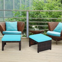Dortala 2 Piece Patio Wicker Ottomans, Outdoor Foot Rest With Cushions, Pe Rattan Footstool For Patio, Garden, Poolside, Turquoise