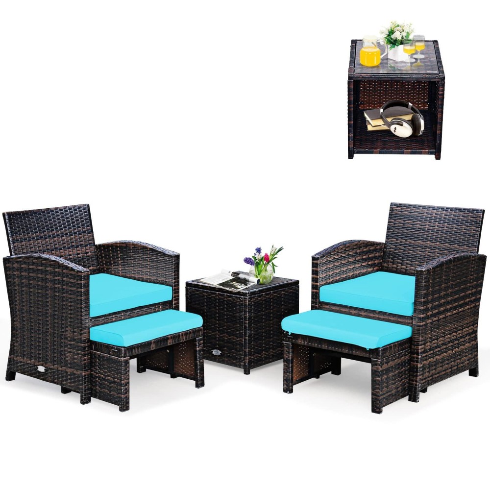 Tangkula 5 Pieces Patio Rattan Furniture Set, Outdoor Conversation Set With Cushioned Chair & Ottoman & Tempered Glass Coffee Table, Patio Sofa Sets For Garden, Backyard, Poolside (Turquoise)
