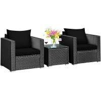 Tangkula 3 Pieces Patio Furniture Set, Outdoor Conversation Rattan Furniture Set W/Washable Cushion And Tempered Glass Tabletop, Pe Rattan Wicker Sofa Set For Garden Poolside Balcony