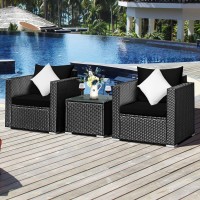 Tangkula 3 Pieces Patio Furniture Set, Outdoor Conversation Rattan Furniture Set W/Washable Cushion And Tempered Glass Tabletop, Pe Rattan Wicker Sofa Set For Garden Poolside Balcony