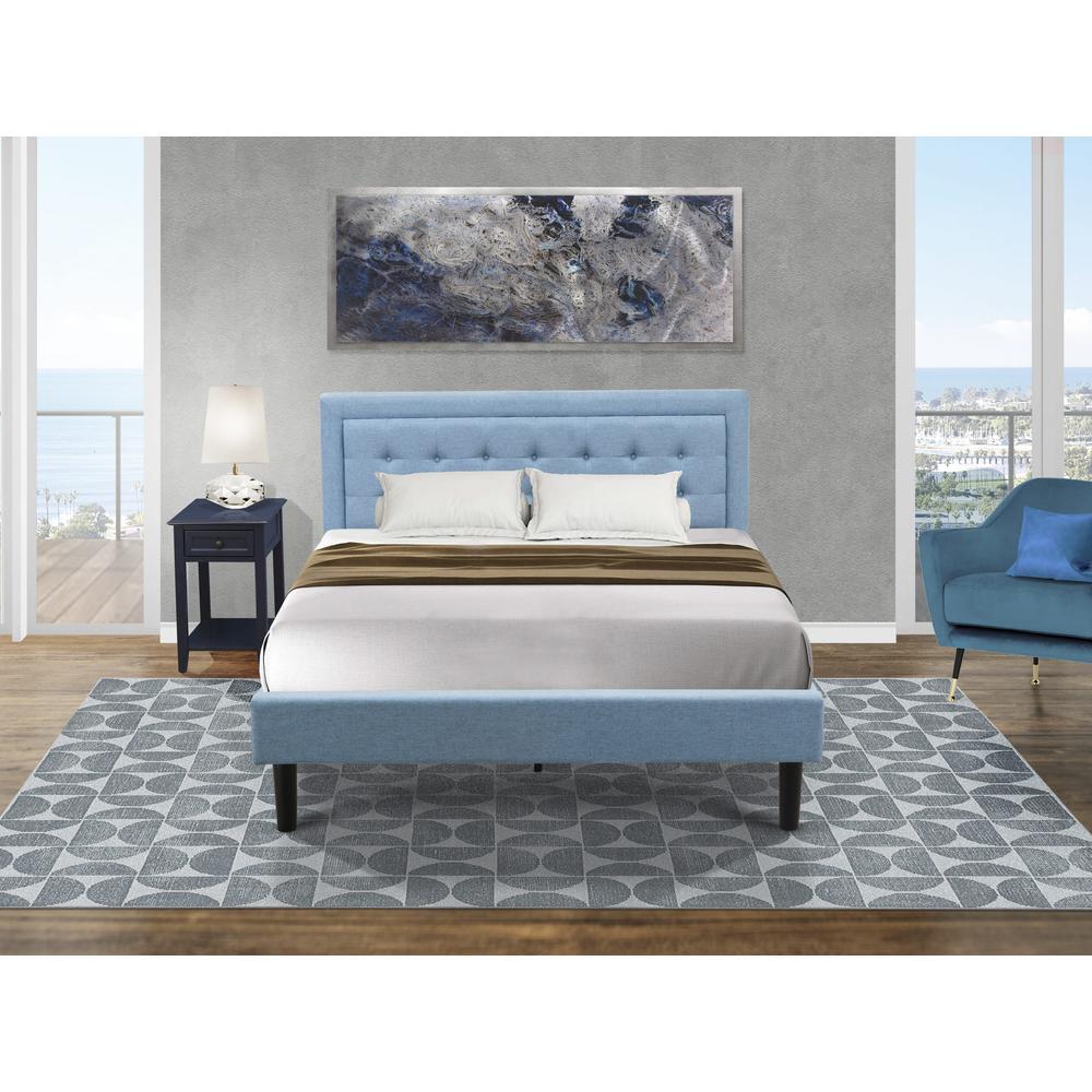 FN11Q1DE15 2Piece Fannin Queen Bedroom Set with 1 Wood Queen Bed Frame and an End Table for bedroom Denim Blue Linen Fabric