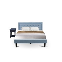 FN11Q1DE15 2Piece Fannin Queen Bedroom Set with 1 Wood Queen Bed Frame and an End Table for bedroom Denim Blue Linen Fabric