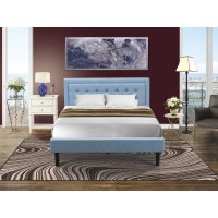 FN11Q1VL0C 2Pc Platform Queen Bed Set Furniture with 1 Wood Bed Frame and a Night Stand for Bedrooms Denim Blue Linen Fabric