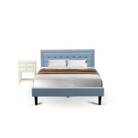 FN11Q1VL0C 2Pc Platform Queen Bed Set Furniture with 1 Wood Bed Frame and a Night Stand for Bedrooms Denim Blue Linen Fabric