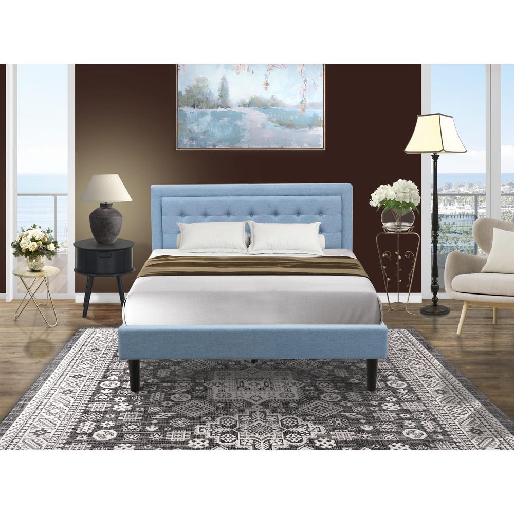 FN11Q1GO15 2Piece Platform Bedroom Furniture Set with 1 Platform Bed and a Wood Nightstand Denim Blue Linen Fabric