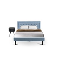 FN11Q1GO15 2Piece Platform Bedroom Furniture Set with 1 Platform Bed and a Wood Nightstand Denim Blue Linen Fabric