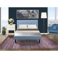 FN11F1VL0C 2Piece Platform Full Size Bedroom Set with 1 Mid Century Bed and a Bedroom Nightstand Denim Blue Linen Fabric