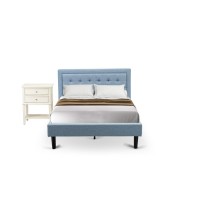 FN11F1VL0C 2Piece Platform Full Size Bedroom Set with 1 Mid Century Bed and a Bedroom Nightstand Denim Blue Linen Fabric